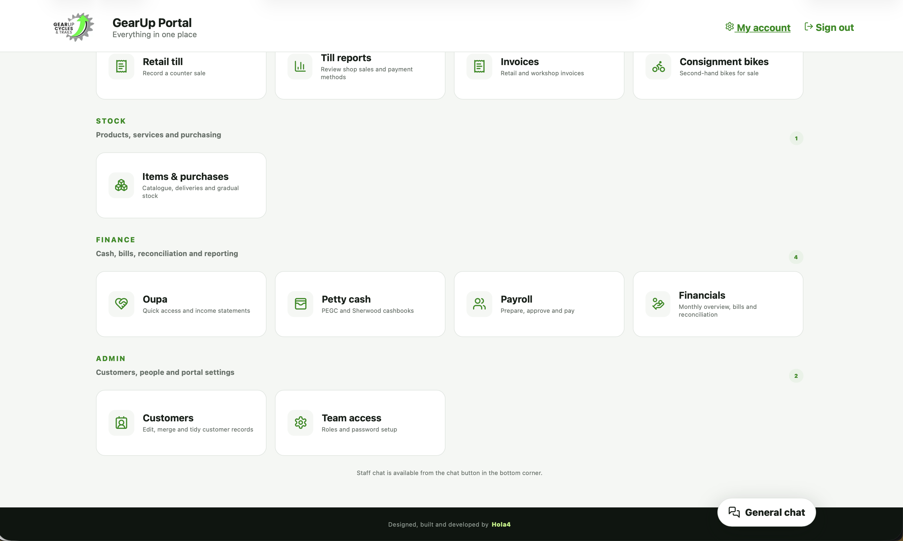 GearUp portal overview connecting retail, stock, finance and administration tools