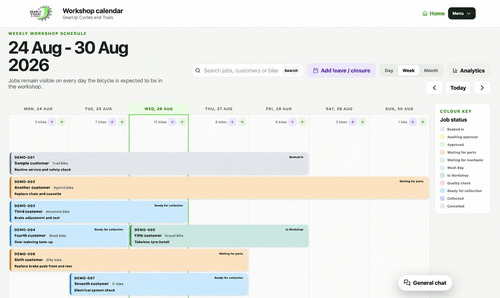 An anonymised weekly workshop calendar showing bookings and job progress