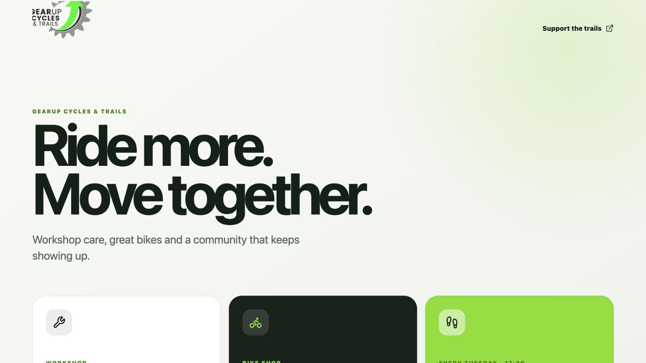 GearUp Cycles and Trails website homepage with the message Ride more, move together
