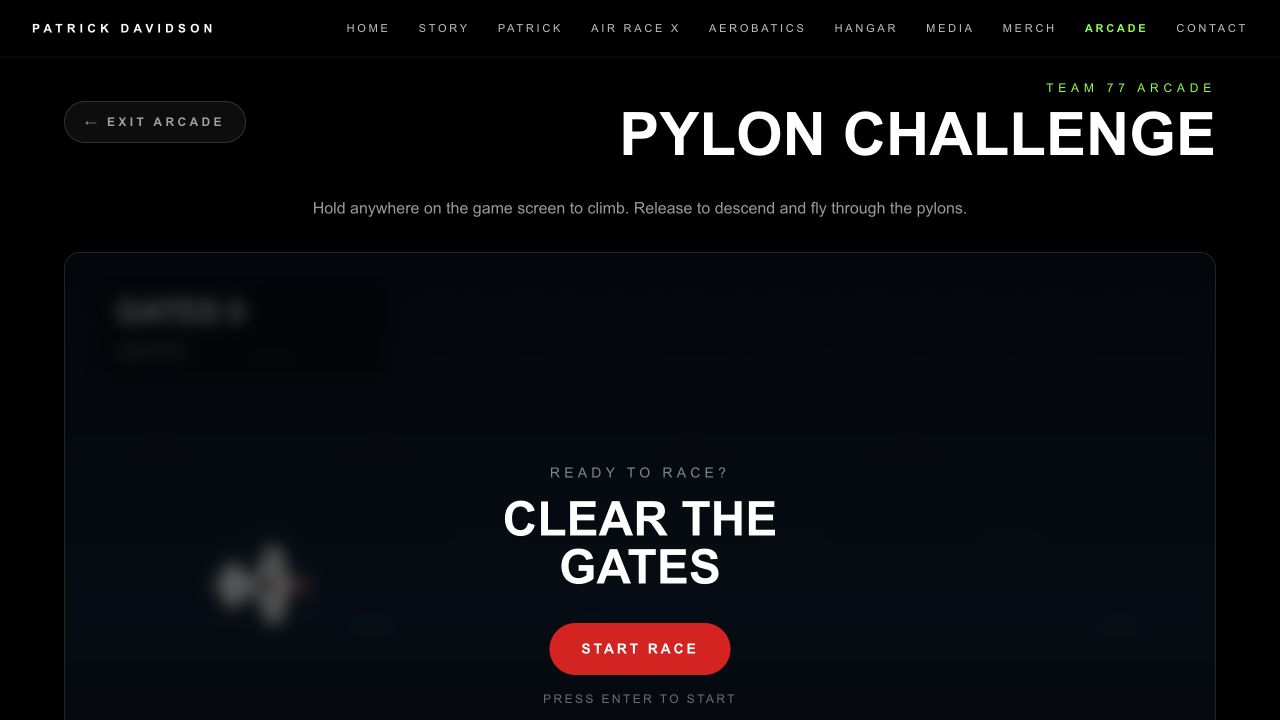 Pylon Challenge game start screen in the Team 77 Arcade