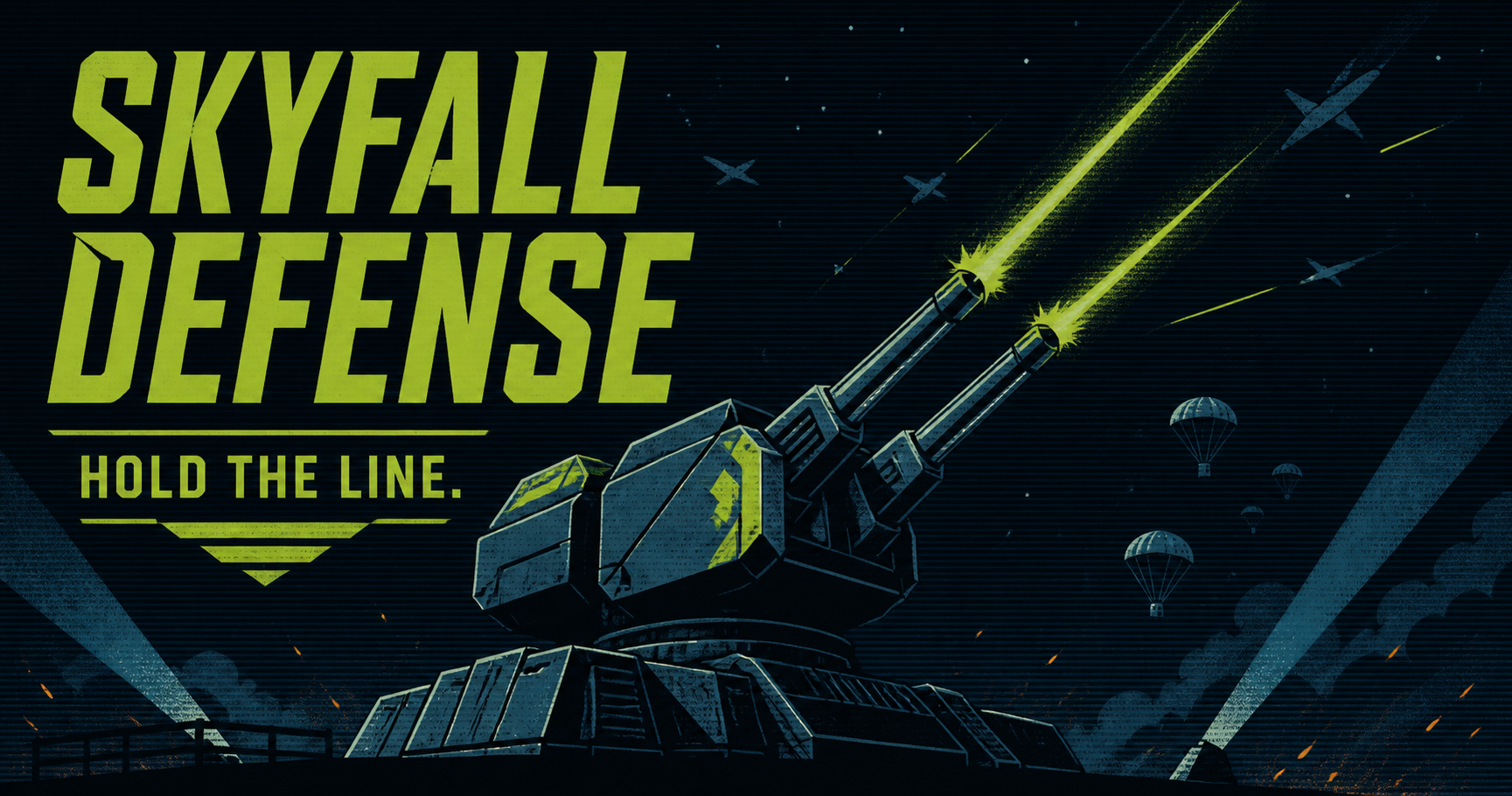 Skyfall Defense night-sky arcade game with an anti-air turret defending the line