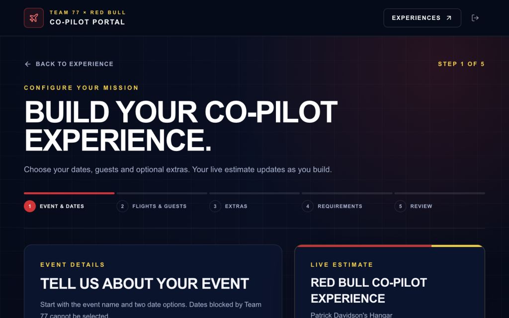 Five-step Red Bull Co-Pilot booking builder with a live estimate