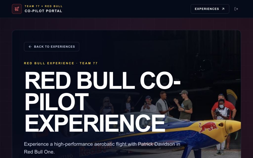 Red Bull Co-Pilot Experience overview inside the Team 77 client portal