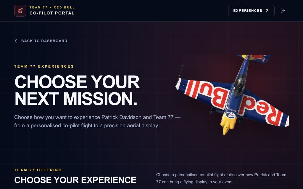 Team 77 Red Bull Portal mission selection featuring personalised Co-Pilot experiences
