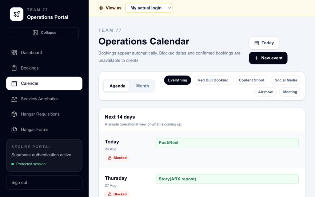 Team 77 operations calendar for coordinating bookings, events and availability