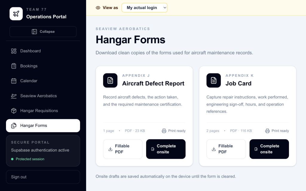 Team 77 hangar forms workspace for aircraft defect reports and job cards